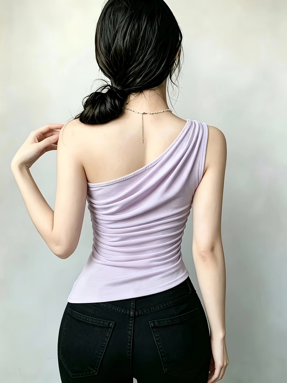 YY260317030 Women'S Asymmetrical Hem Pleated Waist Casual Top - Light Purple