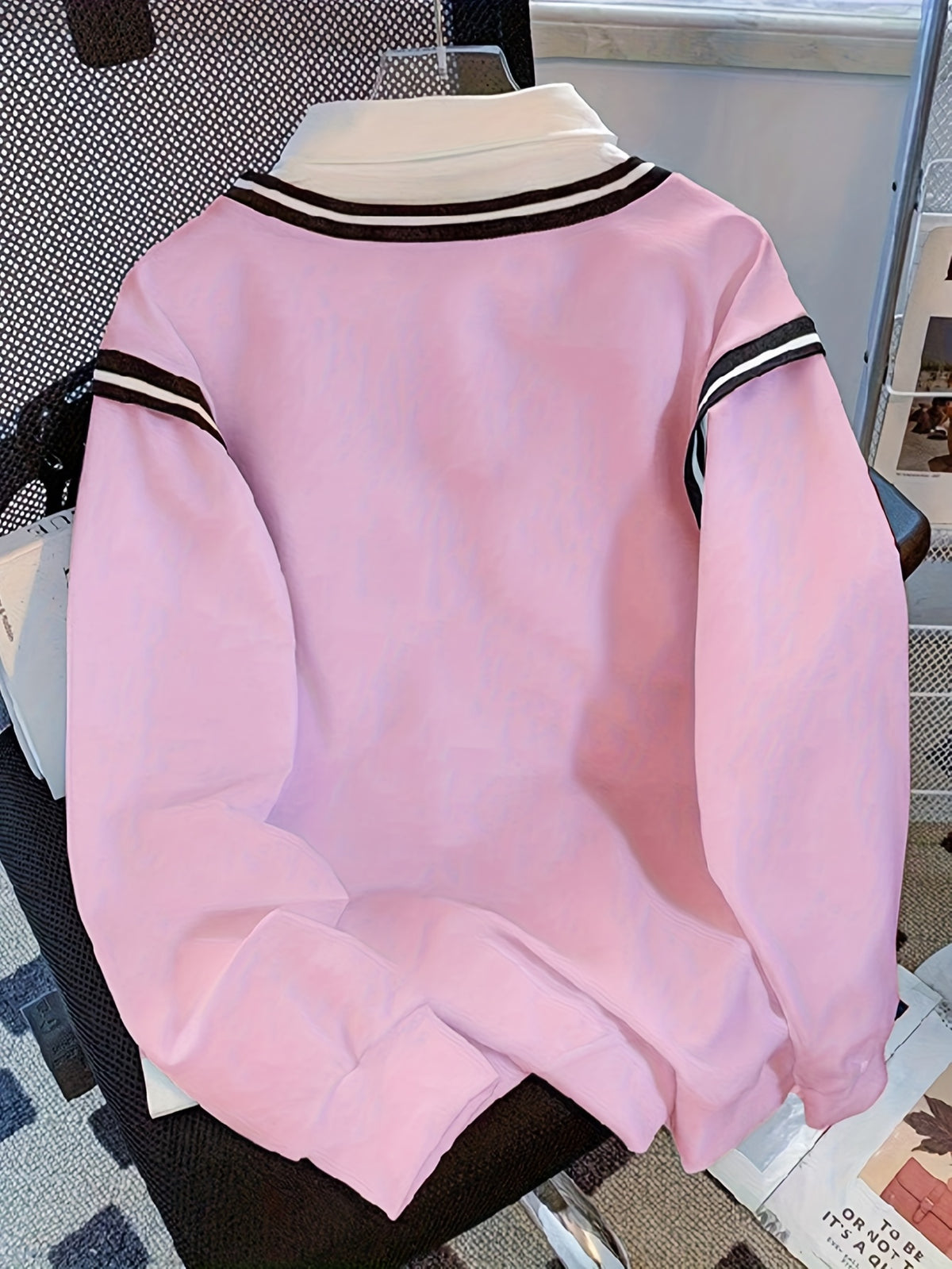 Ladies' Elegant Fashion Bow Print Striped Splicing Sweatshirt - Pink Color