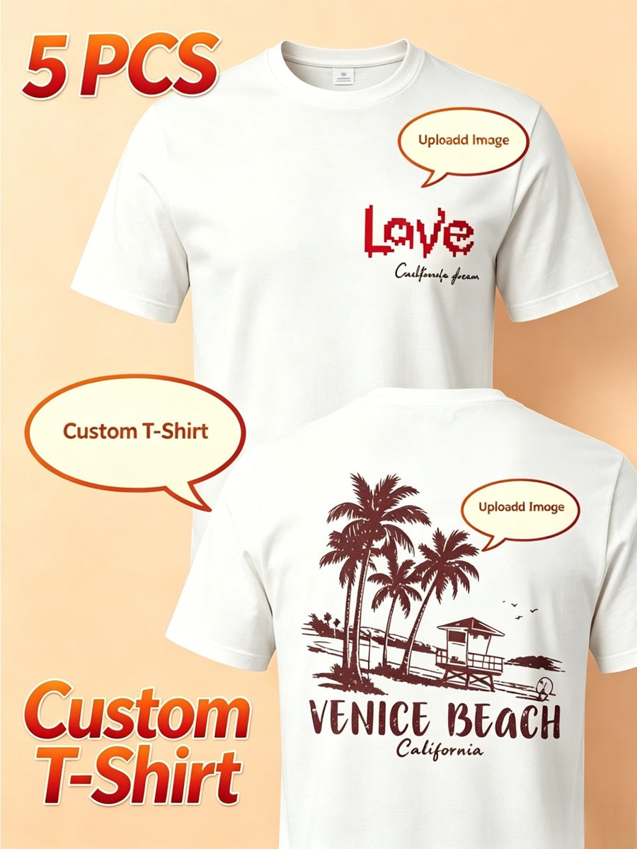 Summer Men's 5pcs Pure Cotton Short-Sleeve T-Shirts, Classic Crew Neck Versatile Basic Style, Soft Breathable Regular Fit, Custom Print Patterns Available, Ideal for Daily Wear, Team Apparel, and Commemorative Work Uniforms - White