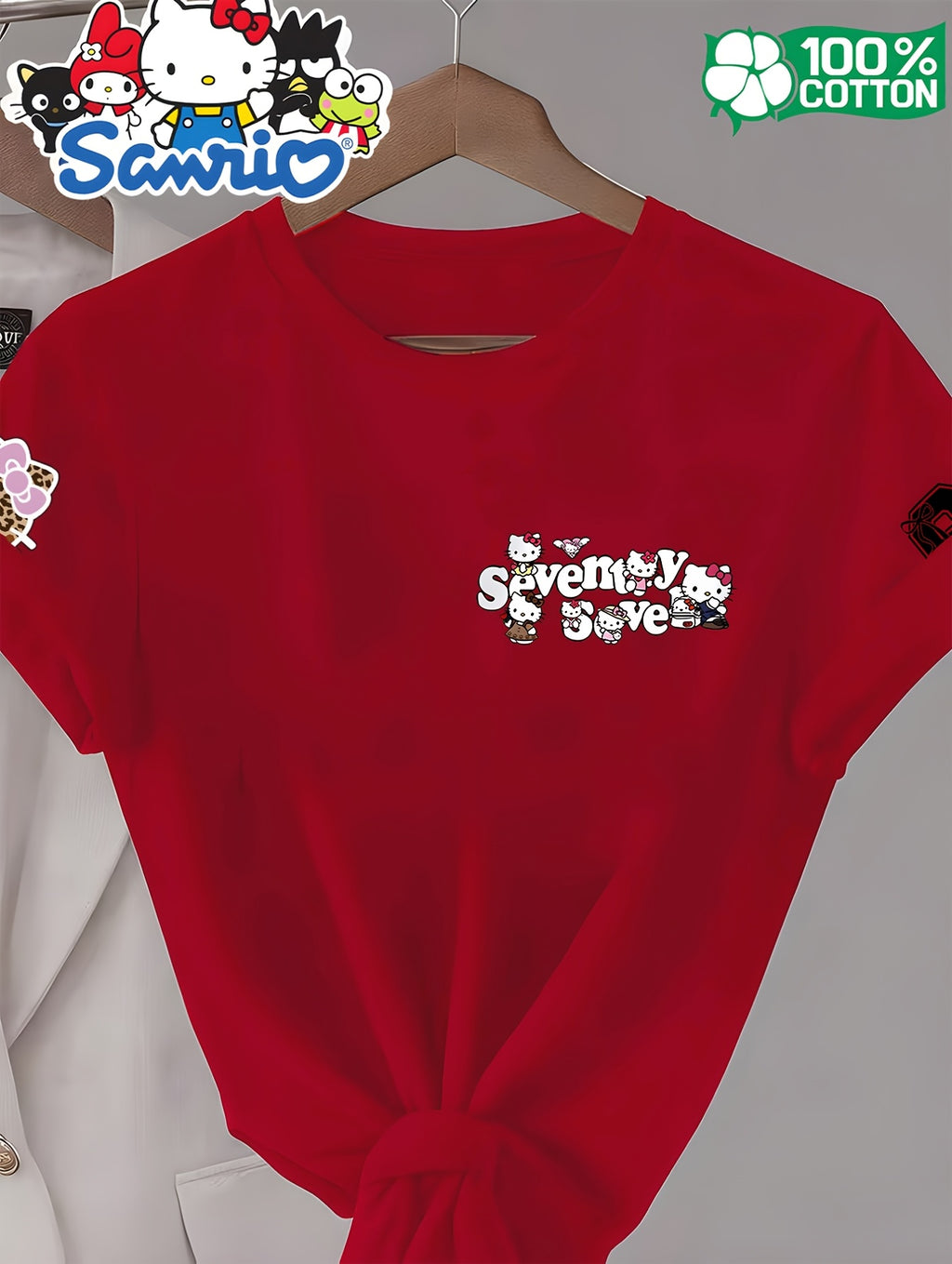 Women'S Round Neck 100% Short Sleeve T-Shirt, Hello Kitty Classic Red Bow Heart Pattern Cartoon Print Design, Casual Comfortable Everyday Versatile Short Sleeve Tee, Women'S Fashion Trendy Spring Summer Fall Casual Short Sleeve Top, Home Party Wear - Red