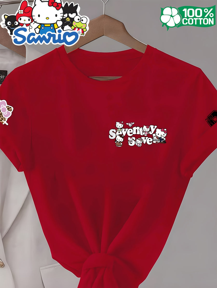 Women'S Round Neck 100% Short Sleeve T-Shirt, Hello Kitty Classic Red Bow Heart Pattern Cartoon Print Design, Casual Comfortable Everyday Versatile Short Sleeve Tee, Women'S Fashion Trendy Spring Summer Fall Casual Short Sleeve Top, Home Party Wear - Red