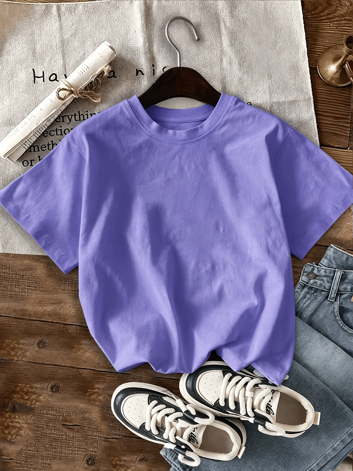 Graphic Print T-shirt, Short Sleeve Crew Neck Casual Top for Summer & Spring, Women's Clothing - Violet