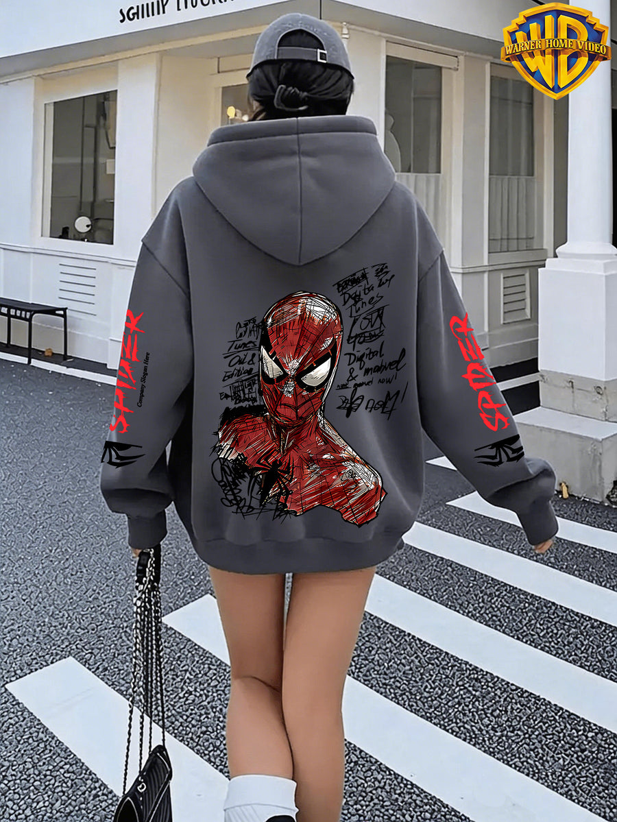 Authorized by Warner, Women'S Hoodie, Sketched Half Body Spider- Print, Casual Zipper Jacket with Pocket, Autumn/Winter Hoodie, Comfortable And Versatile with Pattern - Dark Gray