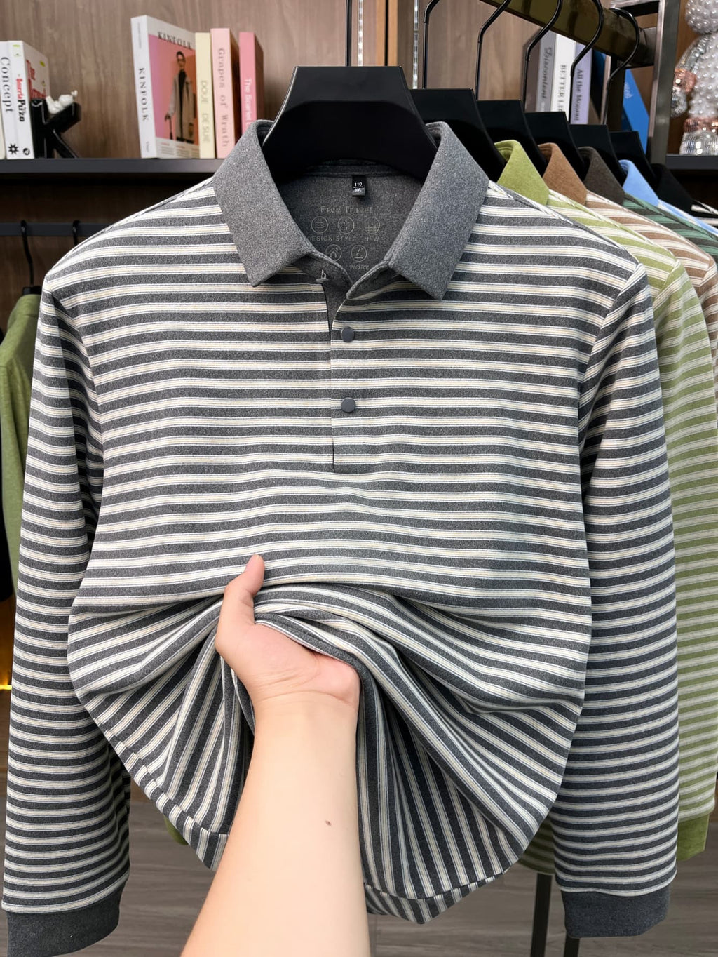 Men's Thin Striped Lapel Long Sleeve Polo Top, Wrinkle Free Loose Casual Long Sleeve T-Shirt, Business Basic Apparel for Middle-aged Dads, Spring Autumn Clothes for Golf, Fishing, Tennis Daily Wear - Light Grey