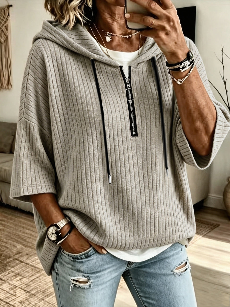 Fashionable Hooded Sweatshirt Autumn New Women'S Short Sleeve Hoodie, Elegant Ribbed Material, Hooded Sweatshirt Suitable for Daily Commute Office Wear, Party Outing Outdoor Wear - Khaki