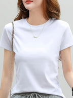 Women'S Fashionable Solid Color Round Neck Short Sleeved Top - White