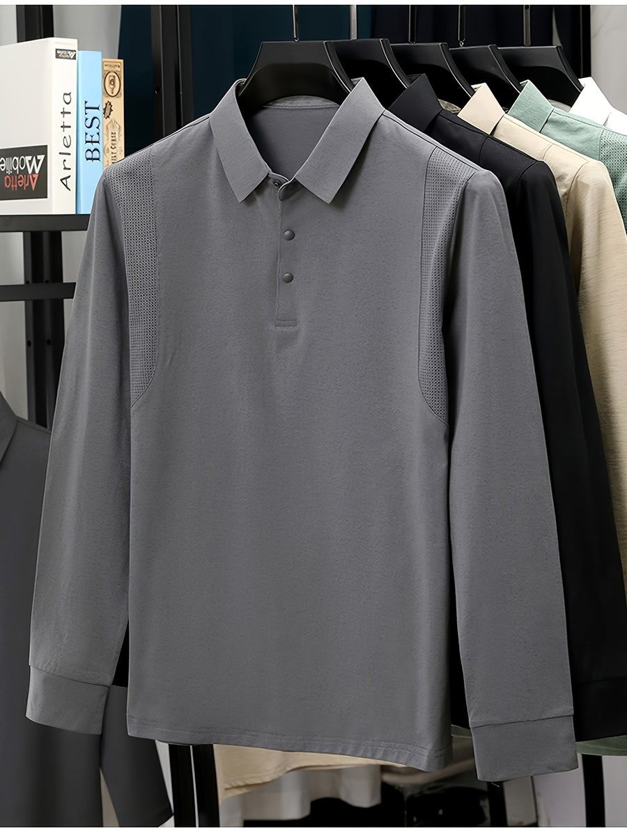 Men'S Lapel Long Sleeve Polo Shirt, Shoulder Mesh Texture Patchwork, Solid Color Minimalist Clean Cut Top, Office Commute, Outing Fishing, Home Casual Loose Men'S Long Sleeve T-Shirt - Grey