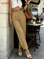 All-Season New Drapey Waist-Cinching Trousers, Creating a French Elegant Temperament. Easy And Grand Fit, with Belt to Enhance Waistline. Decent And Bold, Fashionable for Interviews, Client Meetings, And Formal Occasions - Yellowish-brown