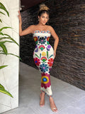 Women'S Fashion Apparel Exquisite Holiday Beach Party Attire Women'S Elegant Floral Print Off-The-Shoulder Strapless Tailored Waist-Cinched Bodycon Dress Bridesmaid Dress Women'S - Multicolor