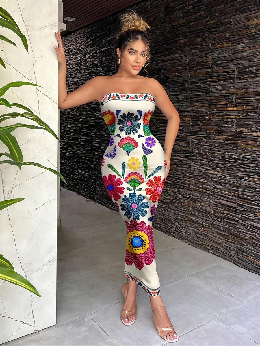 Women'S Fashion Apparel Exquisite Holiday Beach Party Attire Women'S Elegant Floral Print Off-The-Shoulder Strapless Tailored Waist-Cinched Bodycon Dress Bridesmaid Dress Women'S - Multicolor