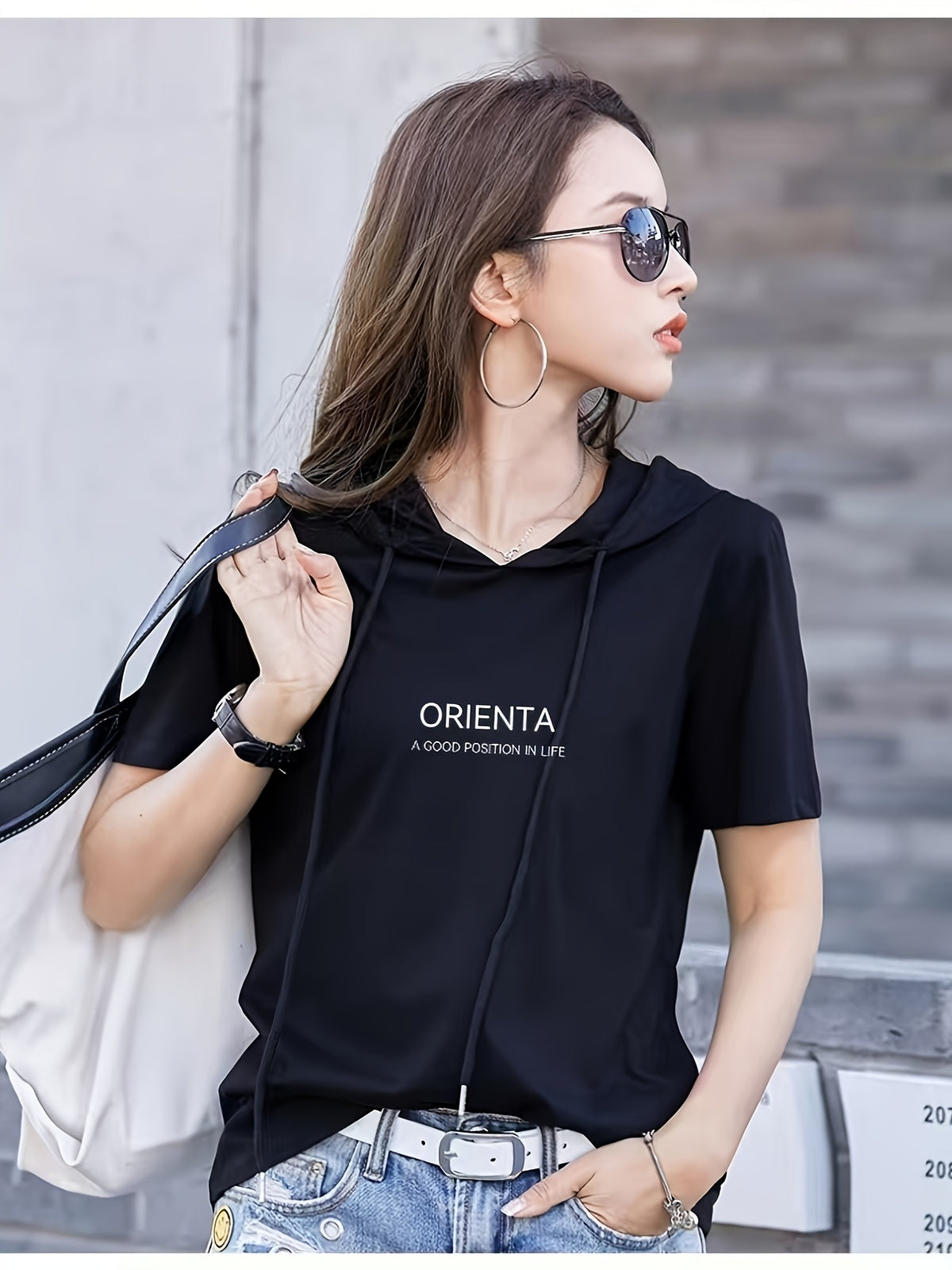 Summer New Korean Version Loose Short Sleeve Thin Trendy Printed Hooded T-Shirt Casual Drawstring Loose Short Sleeve Shirt for Women Regular - Black