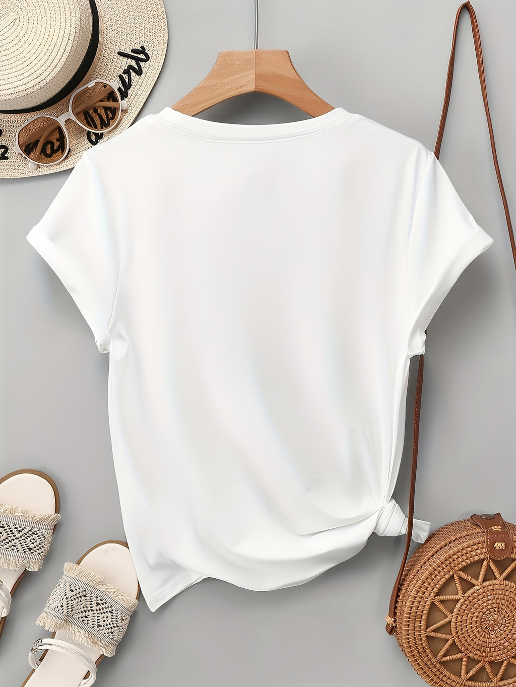 New Summer Collection Rose Print T-Shirt, Casual Regular Round Neck Top - White