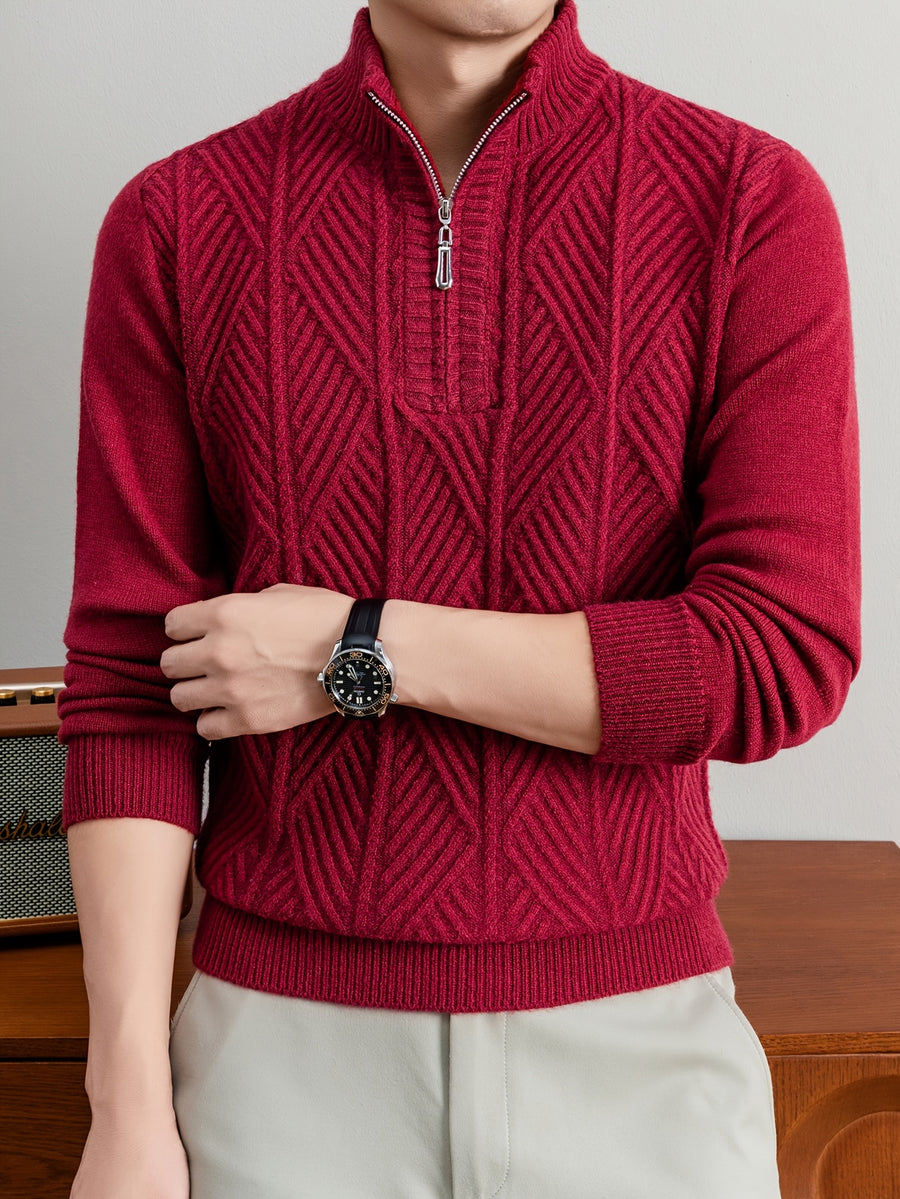 Men's Half-Zip Stand Collar Sweater with Zippered Panel & Striped Jacquard Knit - Warm Winter Pullover, Stretchable Stand Collar Suitable for Casual Office Wear, Layering Top, Hand Washable Regular Fit Blazer Compatible - Burgundy