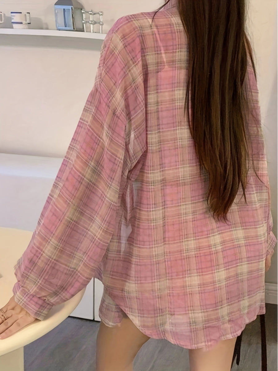 Women'S Elegant Random Patchwork Plaid Print Button-Up Long Sleeve Shirt - Pastel Pink