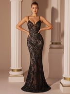 Women' Elegant V-Neck Backless Evening Gown with Strap & Random Leaf Embellishment - Form-Fitting Party Dress Suitable for Weddings, Proms, Galas - Machine Washable Solid Color Dress - Black