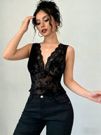 2026 Summer Women'S Elegant Slim Fit Flocking Mesh Pure Sleeveless Easy Versatile V-Neck Sexy Tank Top - Black