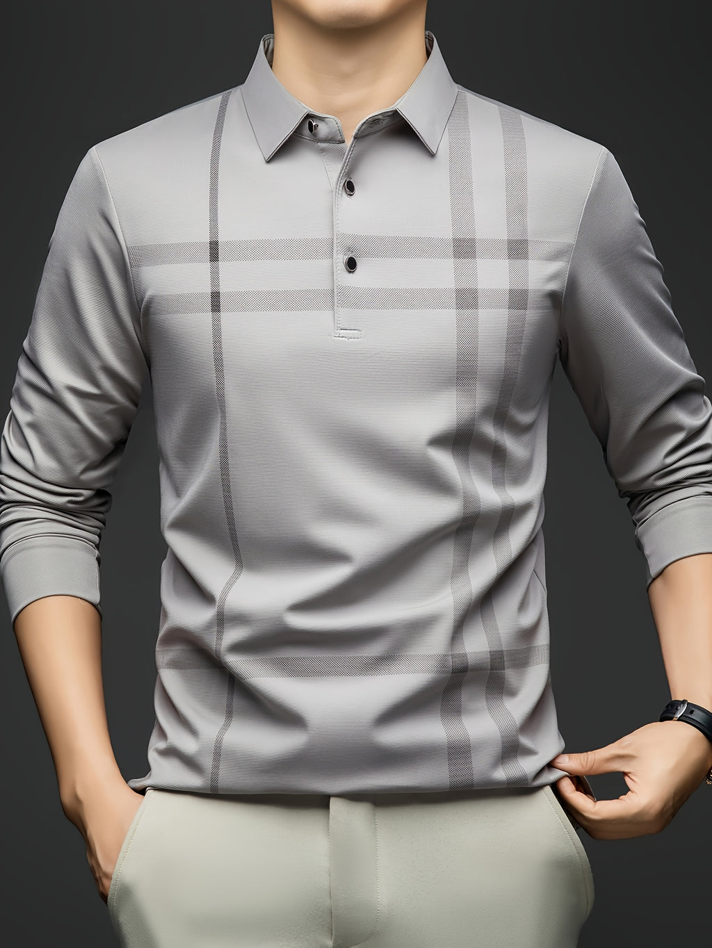 Men'S Striped Long Sleeve Shirt, Casual Commuter Versatile T-Shirt, Lapel Men'S Outdoor Athletic Wear, Easy Long Sleeve Lapel Business T-Shirt, Comfortable Breathable Middle-Aged Men'S Clothing - Light Grey