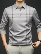 Men'S Striped Long Sleeve Shirt, Casual Commuter Versatile T-Shirt, Lapel Men'S Outdoor Athletic Wear, Easy Long Sleeve Lapel Business T-Shirt, Comfortable Breathable Middle-Aged Men'S Clothing - Light Grey