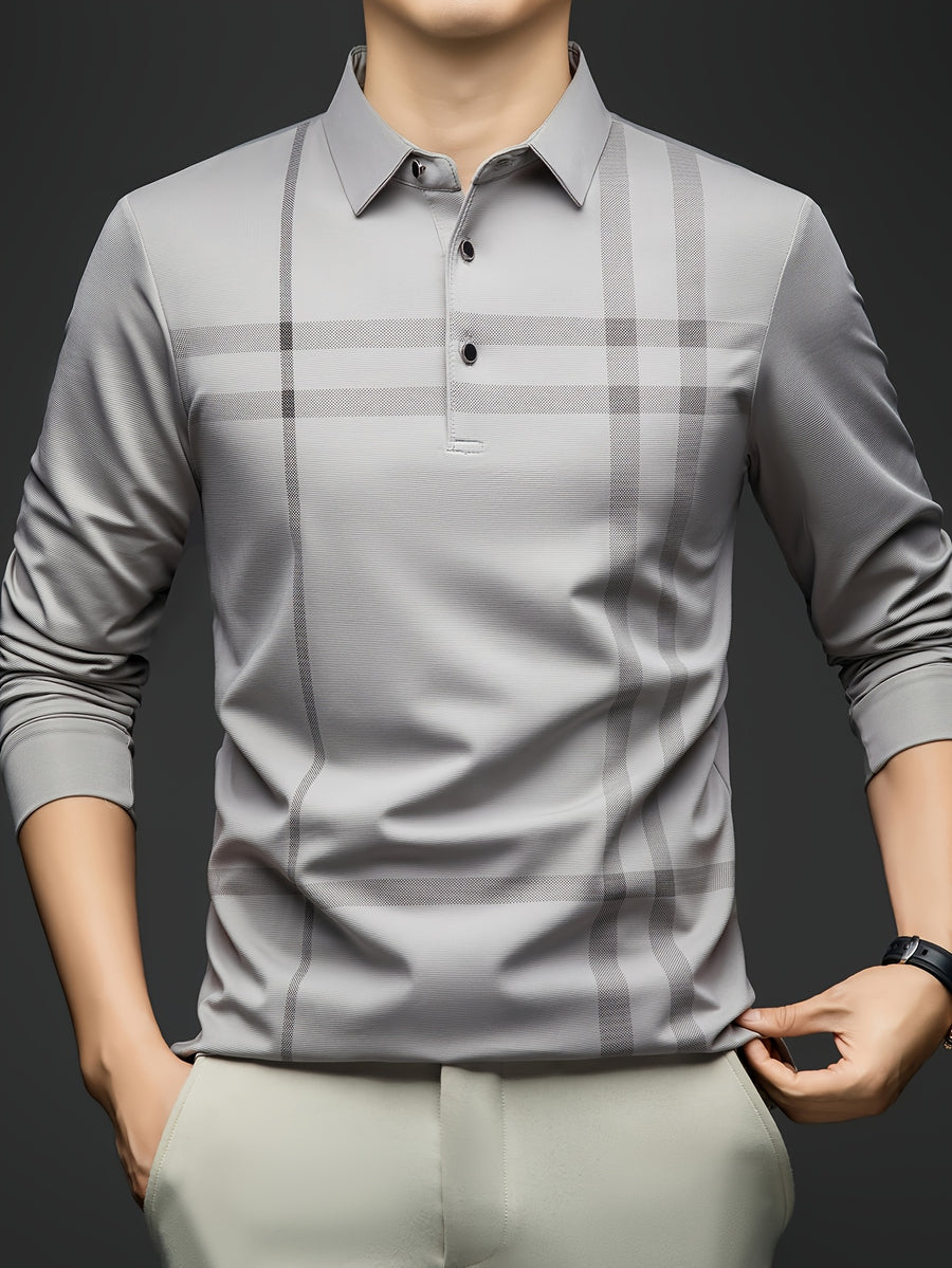 Men'S Striped Long Sleeve Shirt, Casual Commuter Versatile T-Shirt, Lapel Men'S Outdoor Athletic Wear, Easy Long Sleeve Lapel Business T-Shirt, Comfortable Breathable Middle-Aged Men'S Clothing - Light Grey