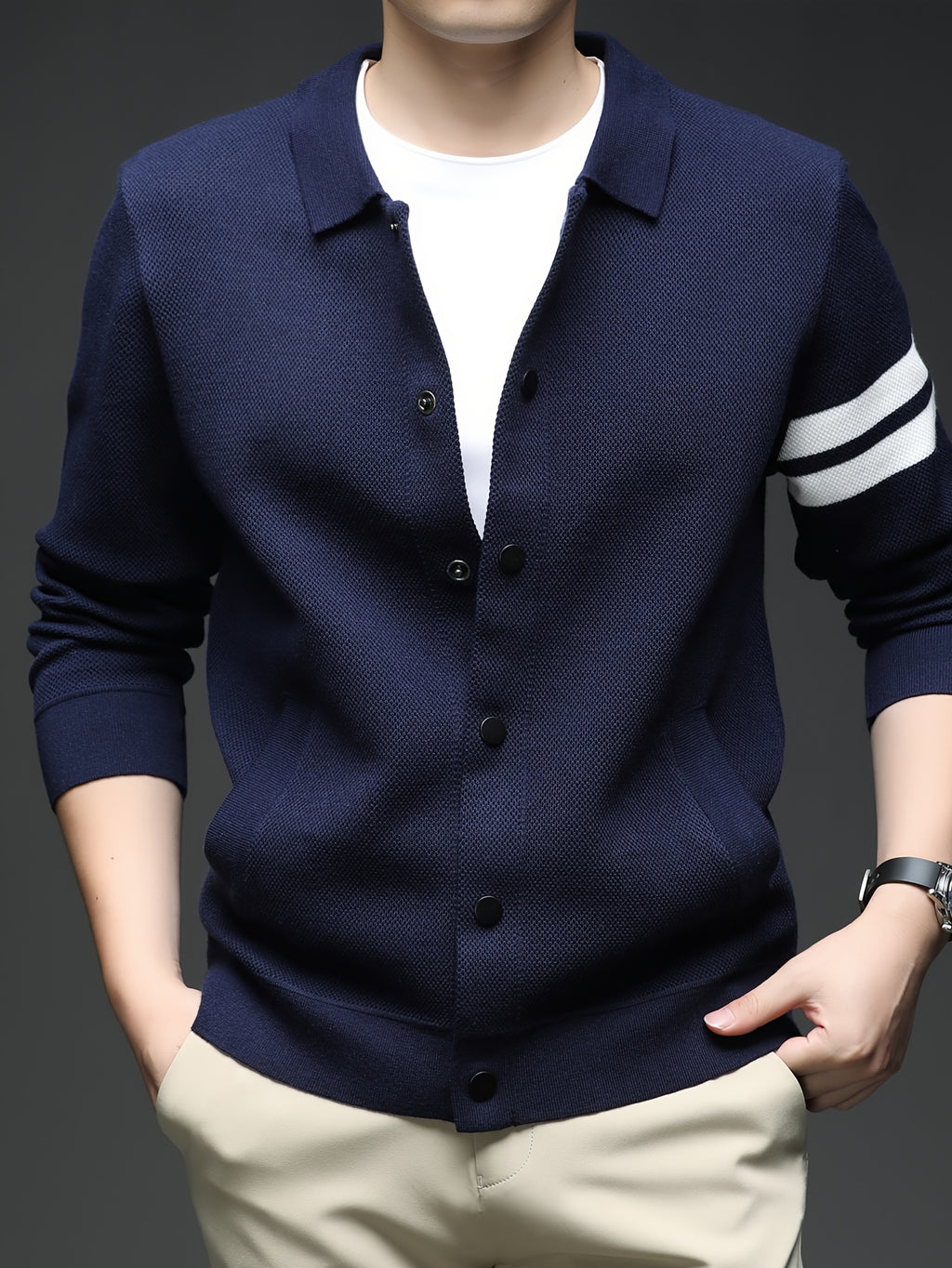 Star Dense Autumn-Winter Men's Striped Buttoned Open Front Long Sleeve Casual Turn Collar Knitted Cardigan, Mens Sleeveless Cardigans, Open Front Cardigan for Men, Cardigan, Men Plus Size Cardigan, Plus Size Mens Cardigan, Winter Wardrobe - Shangqing