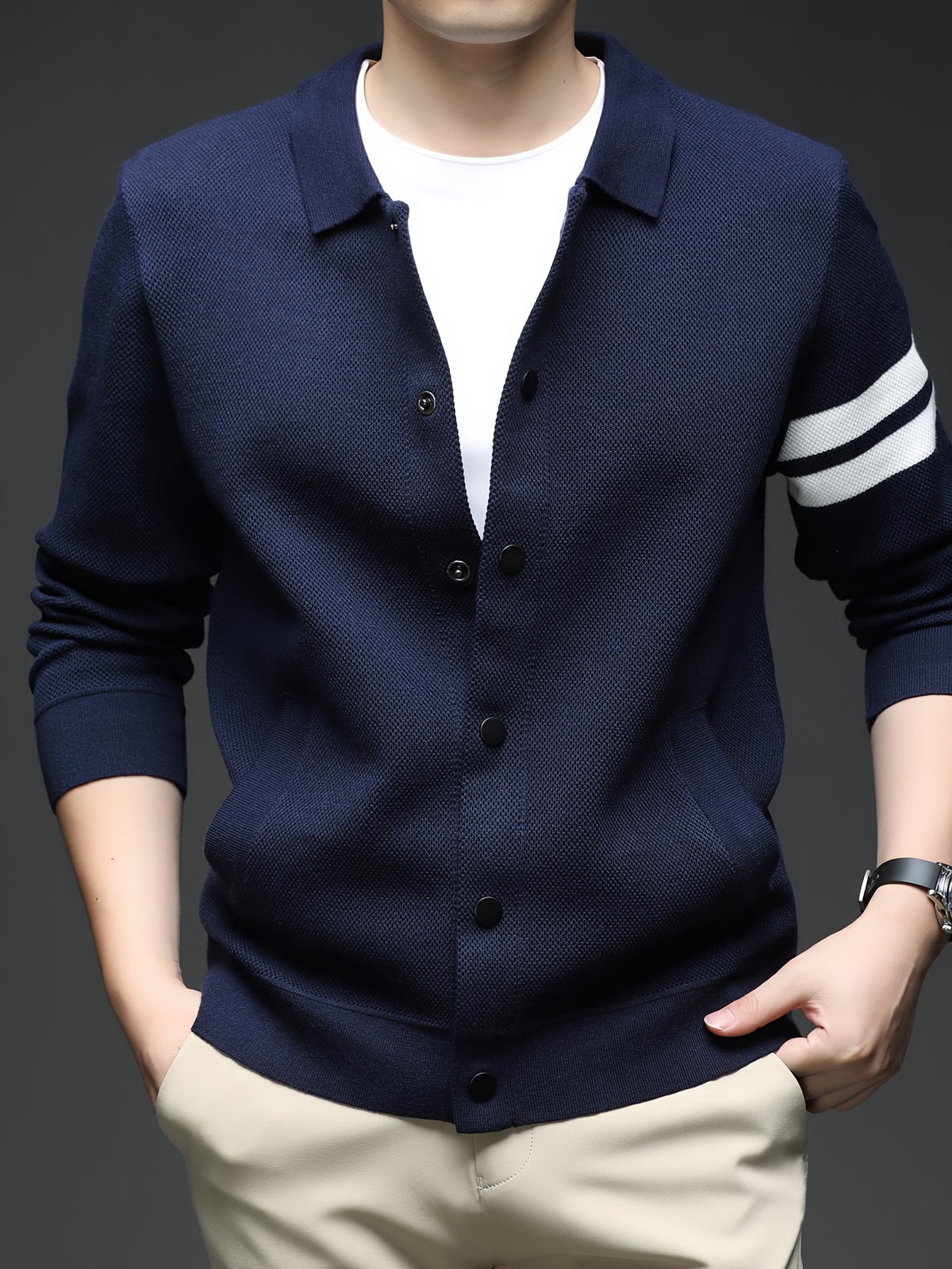 Star Dense Autumn-Winter Men's Striped Buttoned Open Front Long Sleeve Casual Turn Collar Knitted Cardigan, Mens Sleeveless Cardigans, Open Front Cardigan for Men, Cardigan, Men Plus Size Cardigan, Plus Size Mens Cardigan, Winter Wardrobe - Shangqing