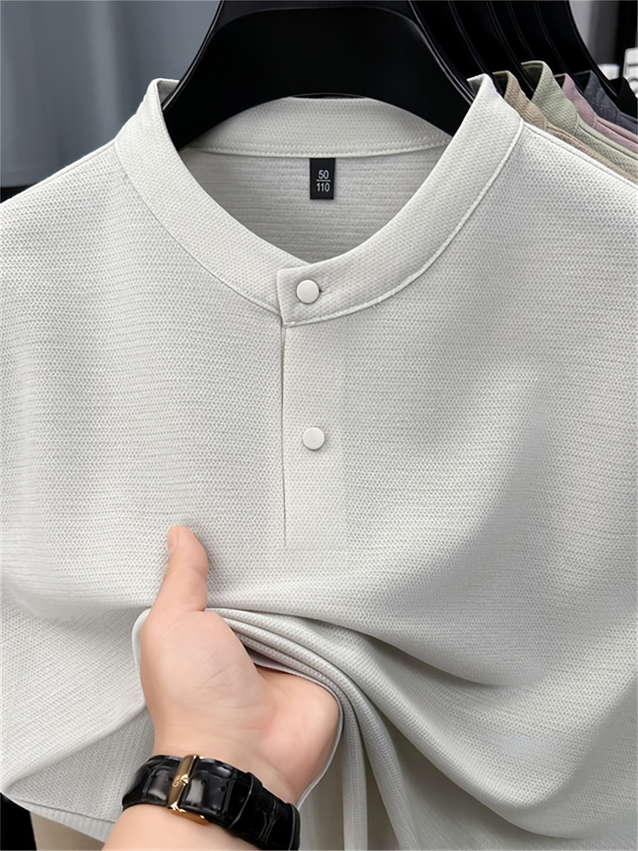 Men'S Henley Shirt Summer New Style, Solid Color Round Neck Top, Half-Button Placket, Button Closure Design, Layering with Thin Jacket, Versatile for Business Office, Golf Sports, Casual Outings, Short Trips, Father'S Day Gift, Men'S Gift - Green And White