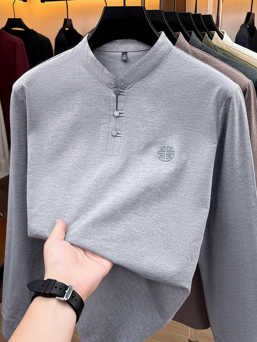Men's Long-Sleeve T-Shirt with Chinese-Style Stand-Up Collar and Three Buttons, Spring/Autumn Fit Style Casual Base Layer Top - Light Grey