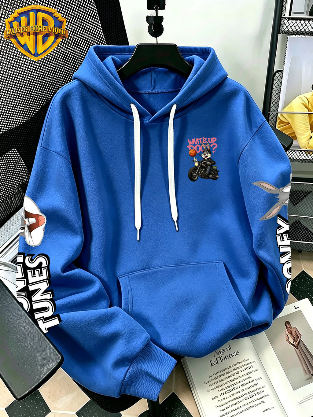 [Warner Bros] Licensed Men'S New Trendy Hoodie, Biker Motorcycle Basketball Street Cartoon Print Casual Pullover Sweatshirt, Everyday Drawstring Loose Top, Machine Washable All-Match Sports Casual Men'S Top - Blue
