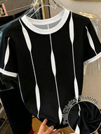 [Printed Design - Not Textured] Women's Casual Color-Block Crew Neck Short Sleeve T-Shirt, Summer Style - Black