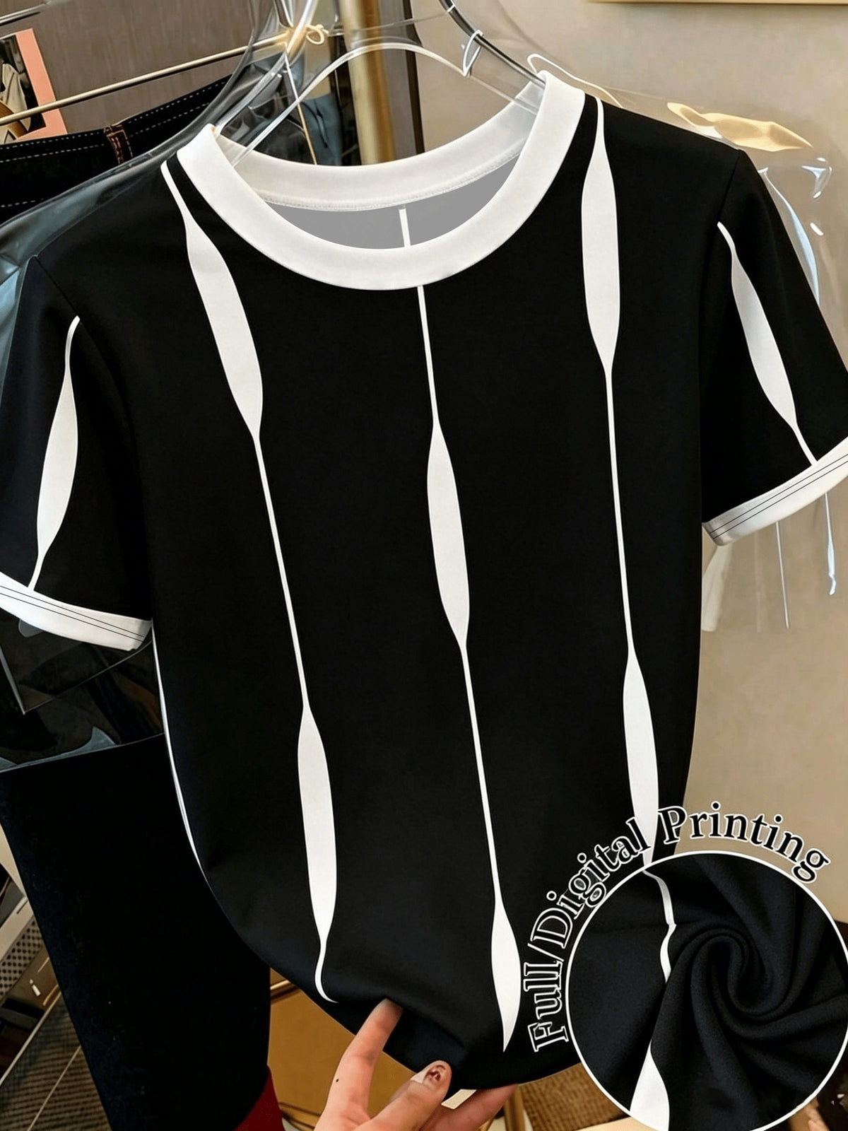[Printed Design - Not Textured] Women's Casual Color-Block Crew Neck Short Sleeve T-Shirt, Summer Style - Black