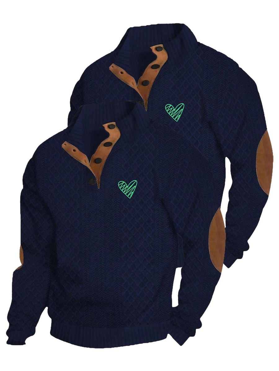 2pcs Men's Stand Collar Jacquard Knit Henley Shirts, Mature Vintage High Neck Pullover Polo, Random Texture Color-Block Collar Jacquard Patchwork Design, Suitable for Outdoor Casual Sports Wear, Ideal as Men's Birthday Gift, Outdoor Clothing - Navy Color