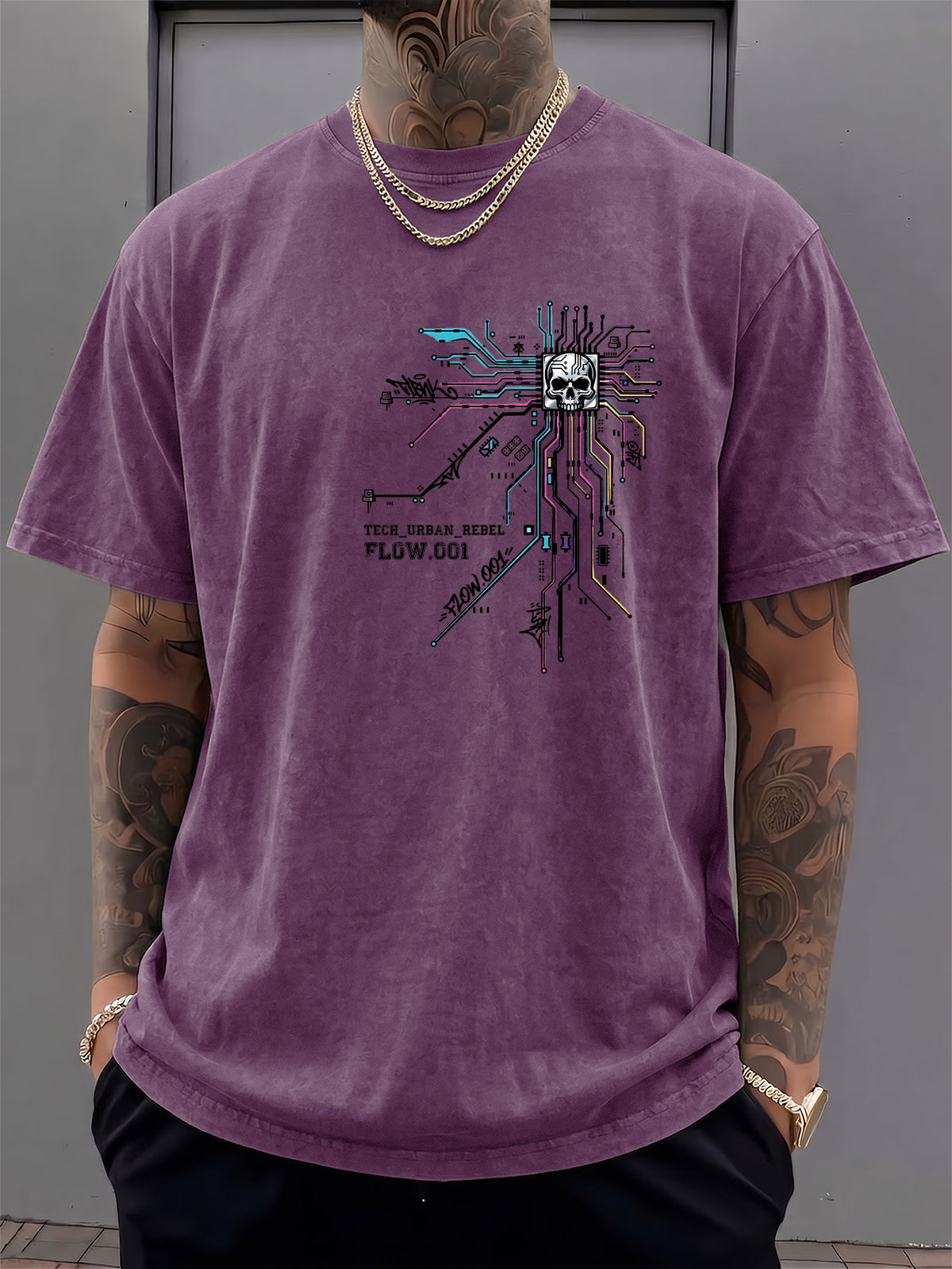 Men's Short-Sleeve T-Shirt, Pure Cotton, Loose Fit, Washed Distressed Circuit Board Skull Graffiti Print, Trendy Reversible Double-Sided Print, 12 Colors for  Mix & Match, American Streetwear High Street Hip-Hop Top, for Daily Outings - Purple