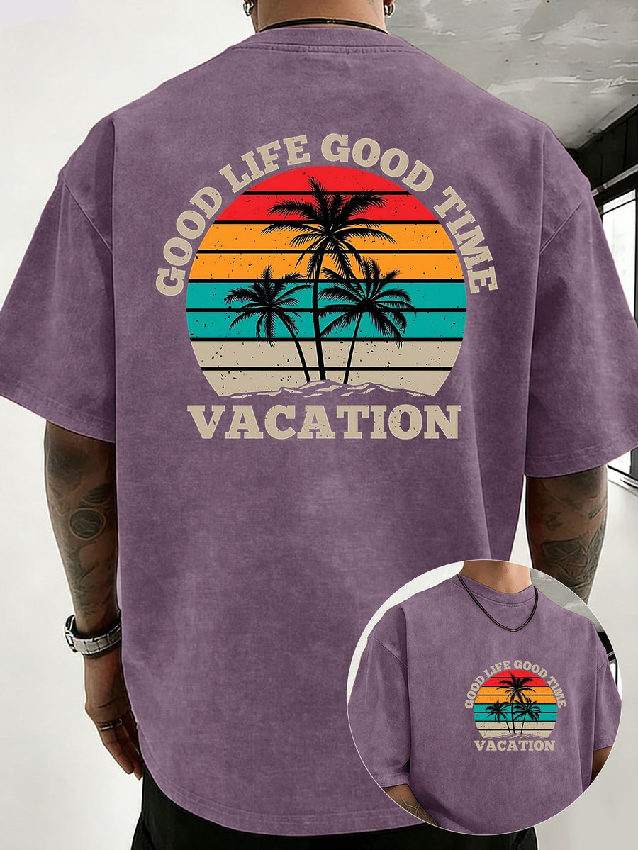 Loose Short Sleeve T-Shirt Men'S Heavyweight Pure Washed Distressed Top Trendy Double-Sided Print 12 Colors Free to Match Street Hip-Hop Style Casual Outing Sports Fitness Commuting Couple Style American Street Short Sleeve - Purple