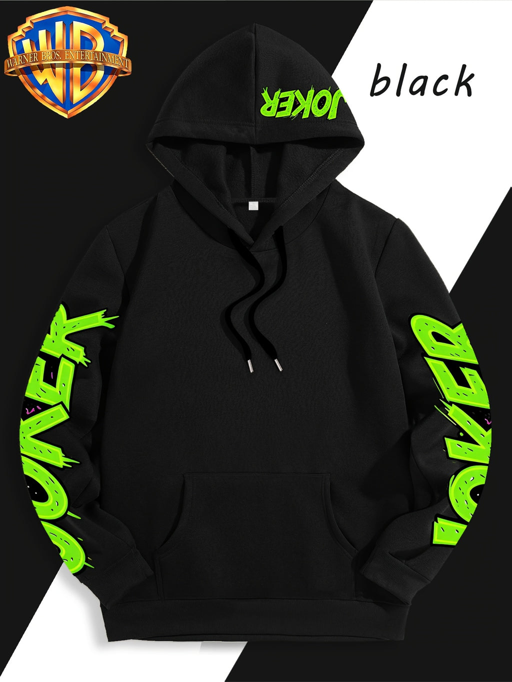 Authorized by Warner Bros., Featuring Colorful Graffiti And Ink Splattered Joker JOKER Poker Prints, Hat Design Patterns, Versatile Street Style Men'S Hooded Sweatshirt, Comfortable And Casual, Suitable for Autumn And Winter Wear - Black