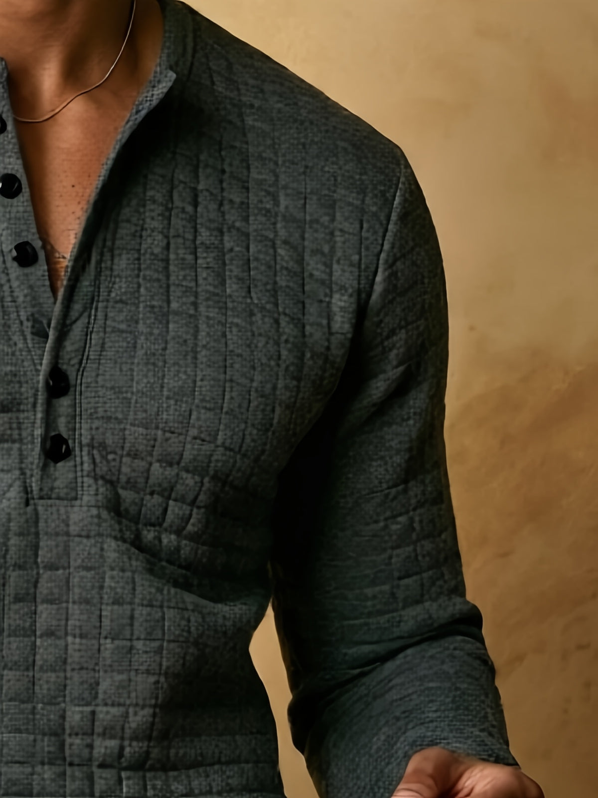 Early Autumn New Men'S Textured Plaid Patchwork Henley Long Sleeve Shirt, 7-Button Casual Collar Soft Long Sleeve T-Shirt, Mature And Atmospheric Regular Fit, Golf And City Outing Wear - Dark Gray