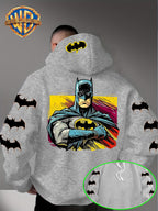 Men'S Hooded Sweatshirt, Batman Classic Image Print, Large Heroic Pattern on Back, Multiple Bat Logos on Sleeves, Exclusive Bat Emblem on Back of Hood, Trendy Street Style Design, Rich Details with Strong Visual Impact - Grey