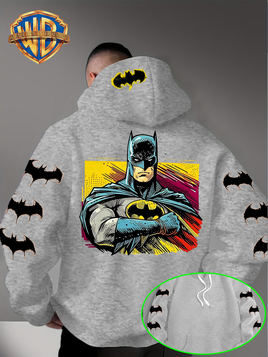 Men'S Hooded Sweatshirt, Batman Classic Image Print, Large Heroic Pattern on Back, Multiple Bat Logos on Sleeves, Exclusive Bat Emblem on Back of Hood, Trendy Street Style Design, Rich Details with Strong Visual Impact - Grey