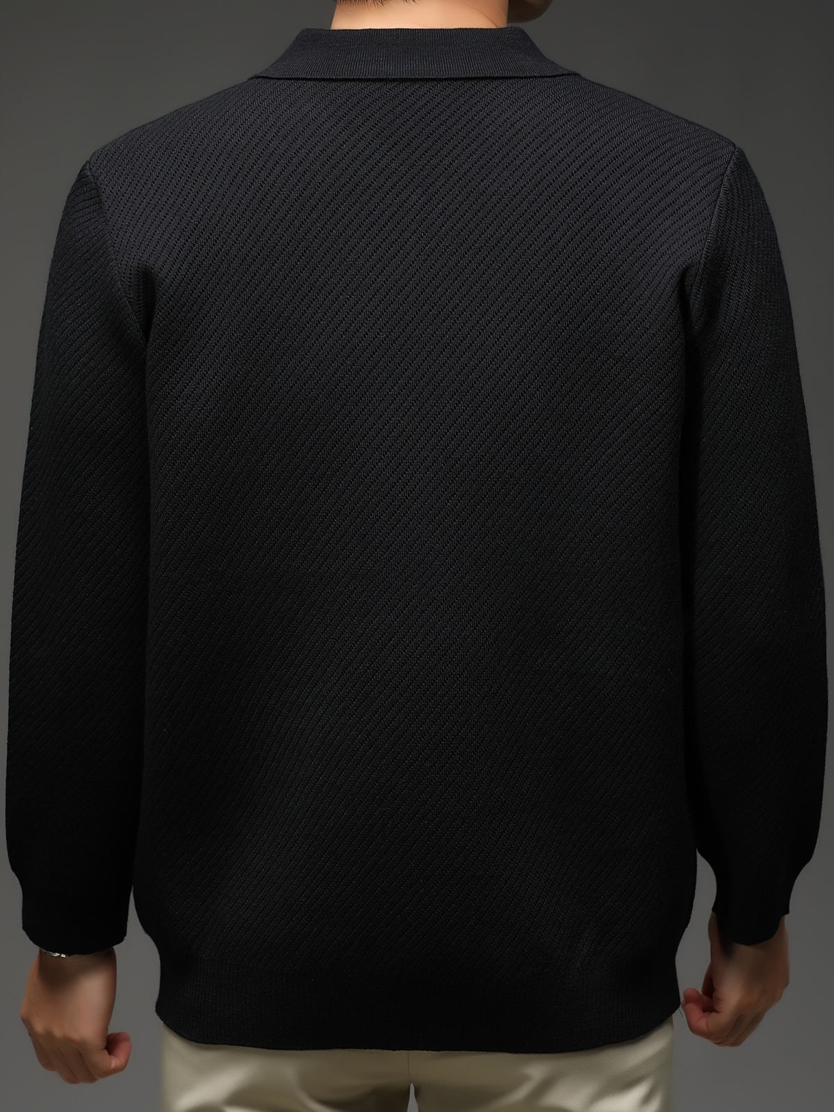 Xingfan Autumn/Winter Men's Long-Sleeve Open-Front Cardigan Lapel Business Casual Solid Color Chunky Knit Full-Zip Thickened Outerwear Jacket - Black