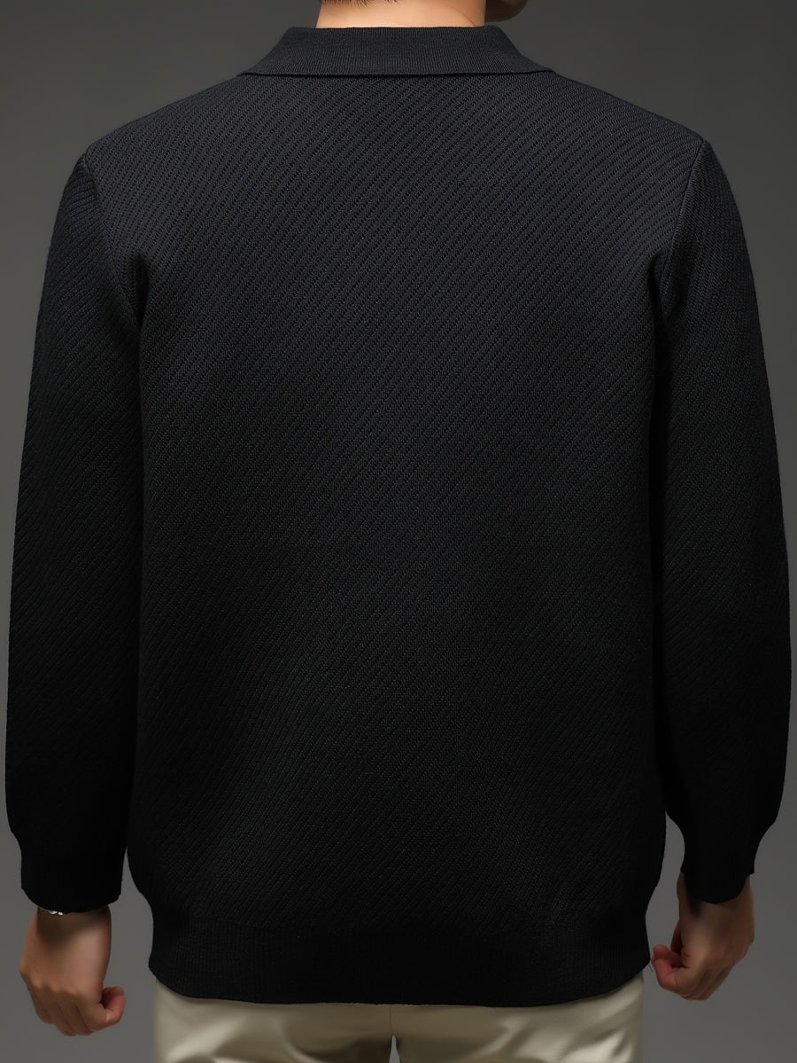 Xingfan Autumn/Winter Men's Long-Sleeve Open-Front Cardigan Lapel Business Casual Solid Color Chunky Knit Full-Zip Thickened Outerwear Jacket - Black