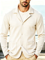 Men's New Spring, Autumn, and Winter Waffle Knit Heavyweight Single-Breasted Open Front Cardigan with Lapel Collar and Double Pockets, a Versatile Long-sleeve Business Casual Jacket. Soft, Comfortable, and Stylish Solid-color Knit Outerwear - Gray+Khaki