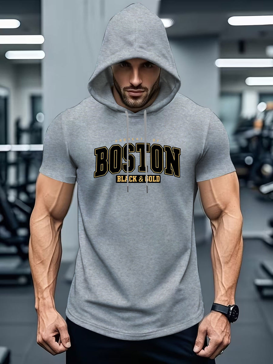 American Urban Element Style! BOSTON Lettering And BLACK & Golden Slogan Print, Hooded T-Shirt for City Sentiment - Grey