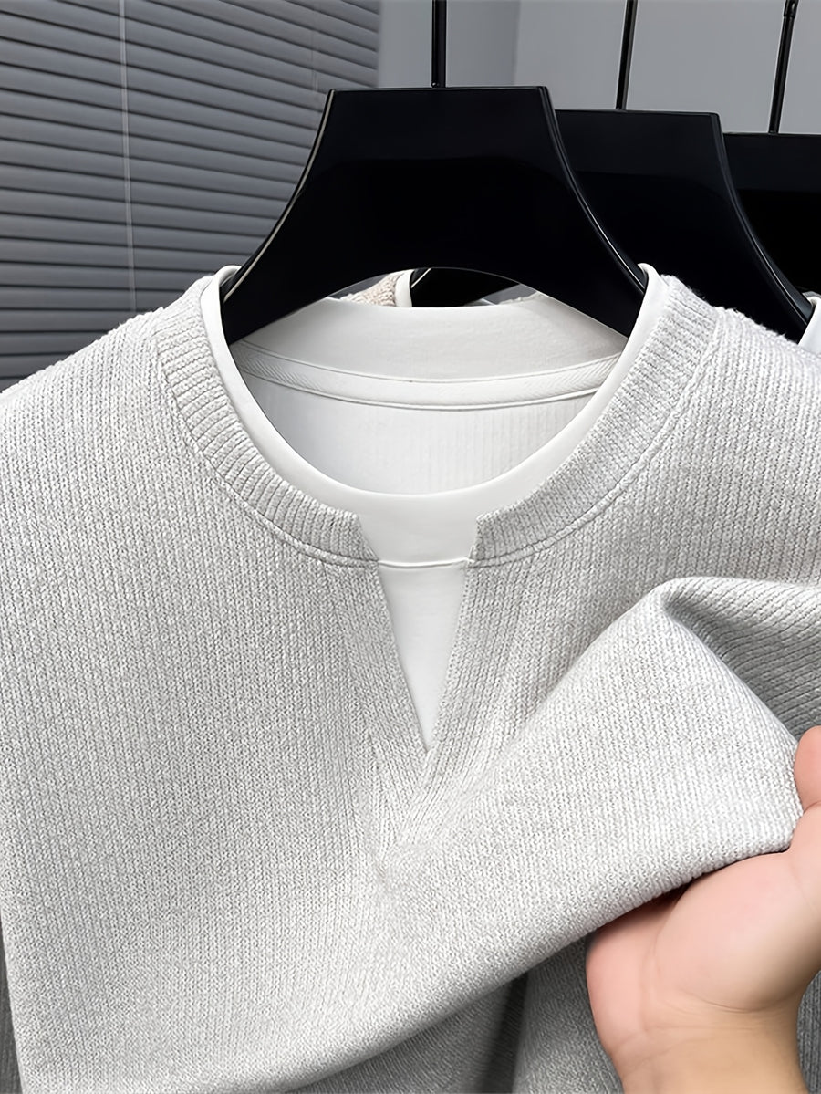 Men's Vertical Stripe V-Neck 2-in-1 Look Long-Sleeve Pullover Top, Regular Shoulder Long Sleeves, Ribbed Cuffs and Hem, Can Be Worn Alone or as a Layering Piece - SINBOS - Light Grey