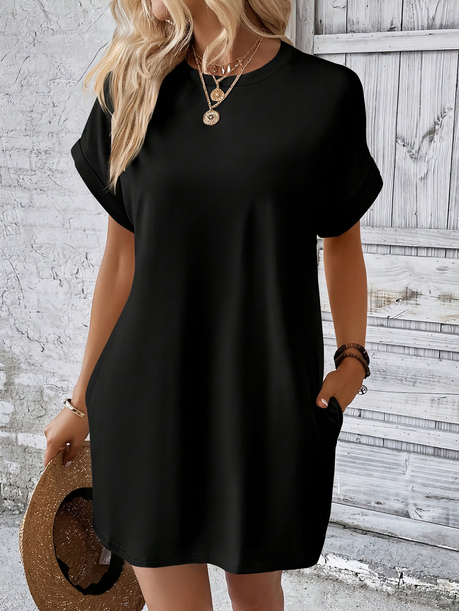 Summer Stylish Women'S Long Casual Short-Sleeve T-Shirt with Bat Sleeves And Pockets. - Black