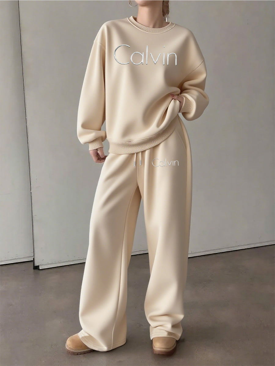 Graphic Print 2pcs Set, Crew Neck Sweatshirt & Pants, Women's Clothing - Apricot