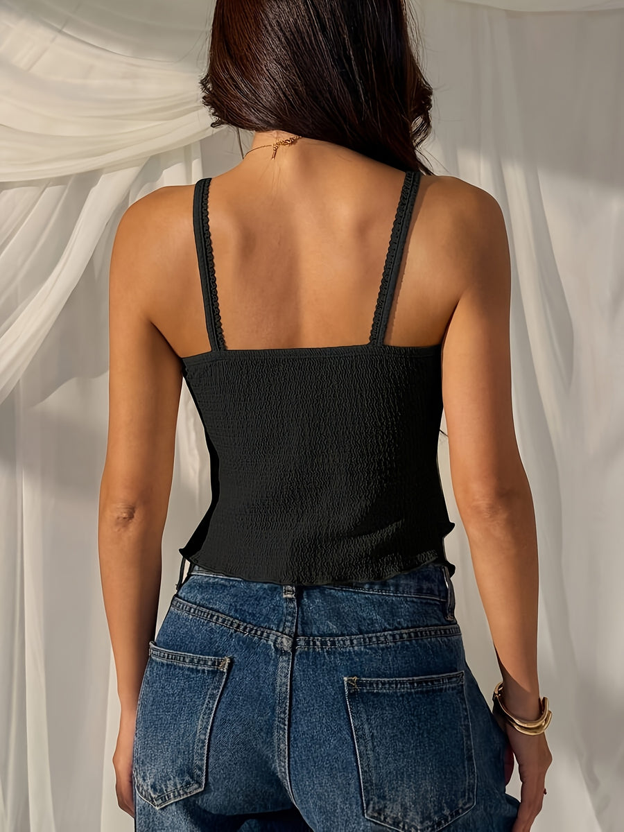 Women's Solid Color Pleated Casual Versatile Everyday Camisole, Summer Top, Women's Summer Outfit, Women's Vacation Top, Women's Summer Beach Top, Women's Cute Sleeveless Summer Top, Women's Blouse Top, Women's Latest Beach Top, Women's New - Black