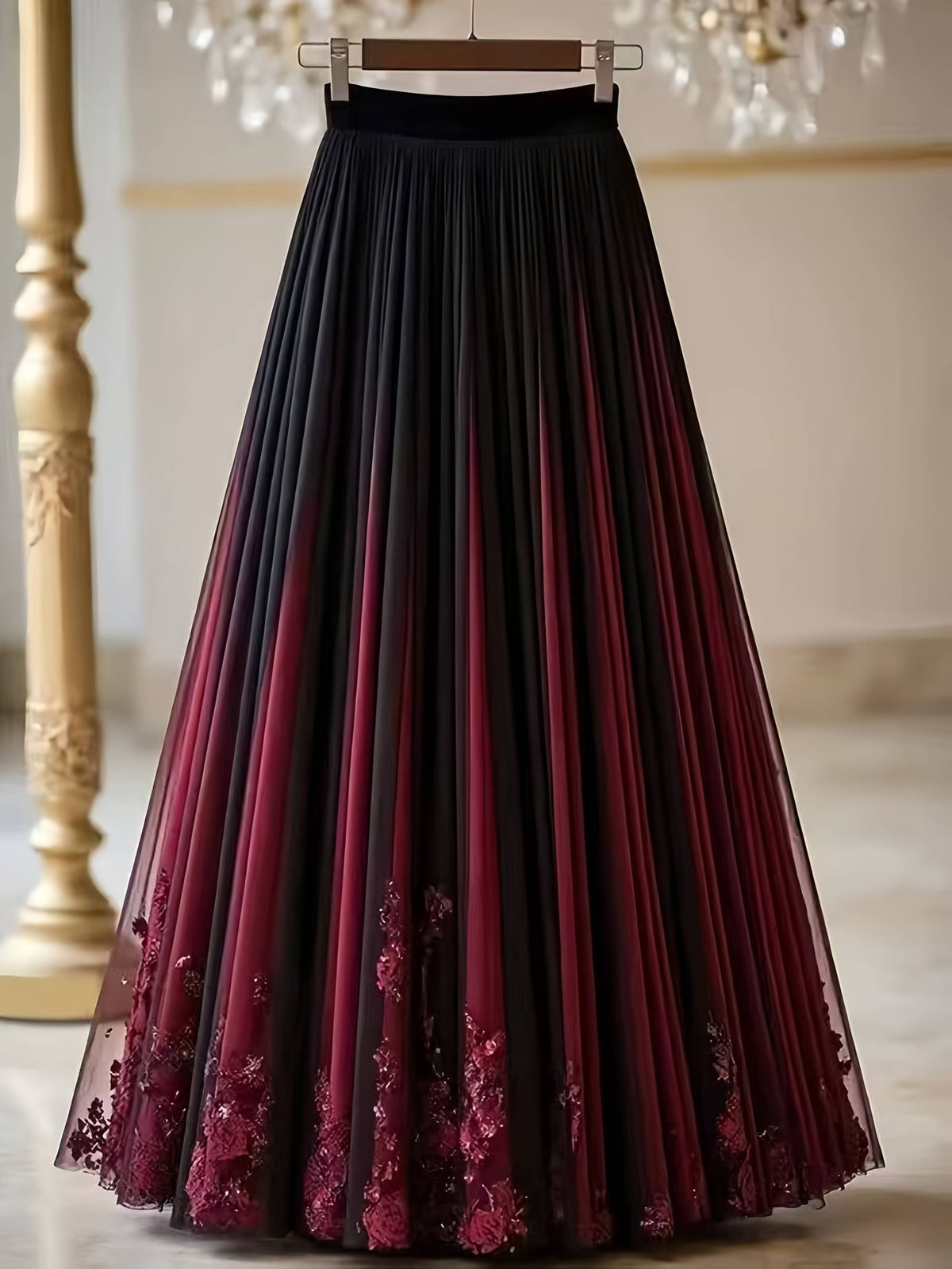 Spring and Autumn Women's Elegant Printed Midi A-Line Chiffon Skirt, Vacation Wear, Party Banquet Wear, Birthday Wear, Wedding Guest Wear, Easter Wear, Carnival Wear, Christmas Wear, Valentine's Day Wear, Holiday Wear, Suitable for Street Outings - Black
