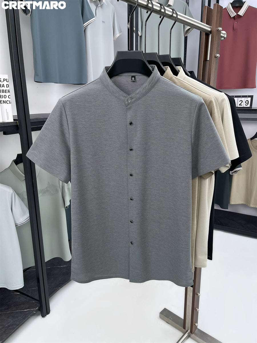 Kartmar CRRTMARO Summer New Chinese Stand-Up Collar Shirt Men'S Short Sleeve High-End Mandarin Collar Dress Shirt Business Casual Men'S Top Tiamai - Dark Gray