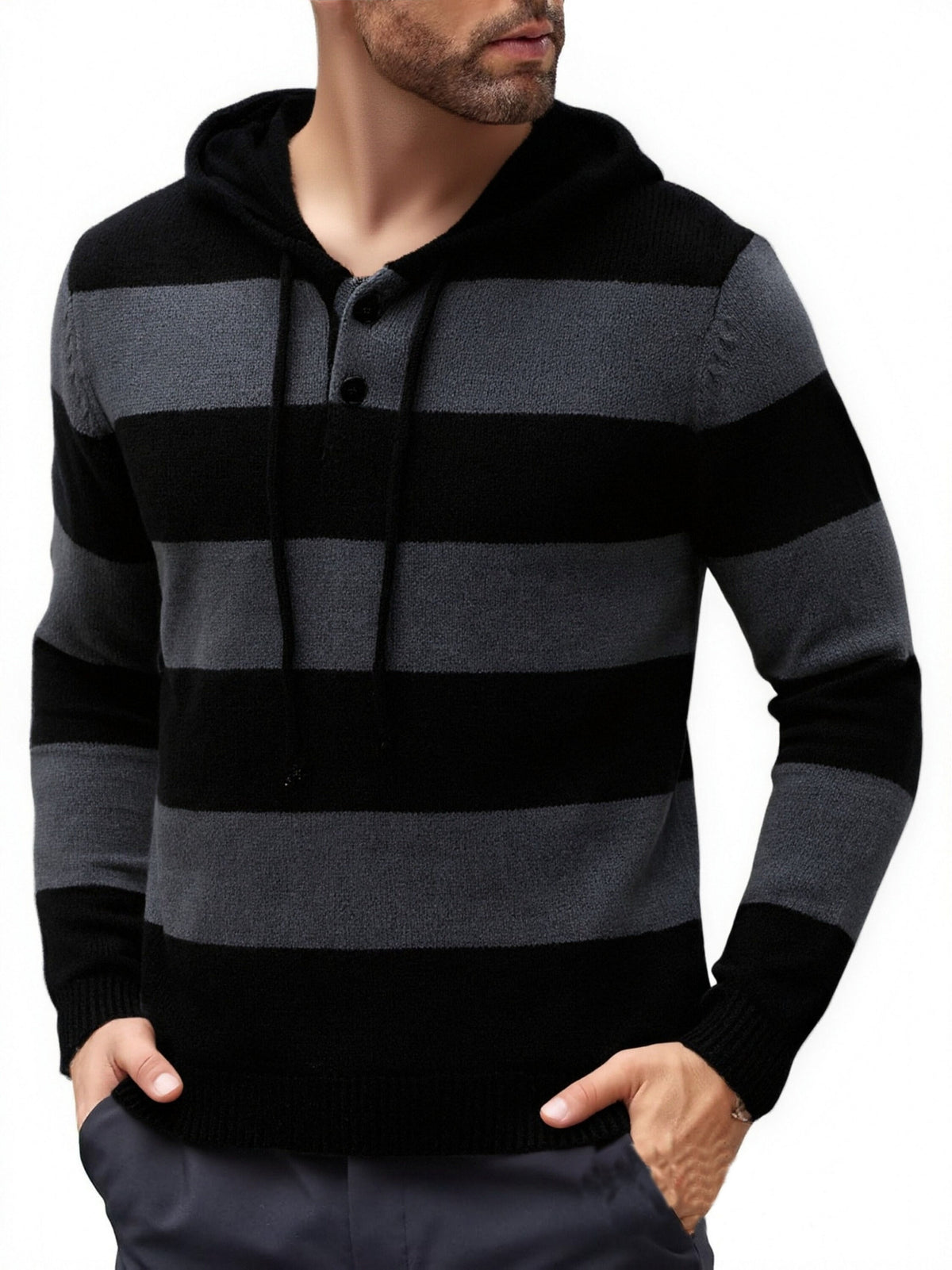 Men'S Hooded Sweater Autumn Winter New Fashion Casual Sweatshirt Knit Pullover Long Sleeve Warm Top Men, Regular Fit, Daily, Striped - Dark Gray