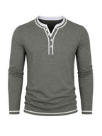 Cross-Border Men's Long Sleeve Crew Neck T-Shirt 2-in-1 Look Henley Shirt European and American Men's Pullover Top Base Layer Shirt - Dark Gray