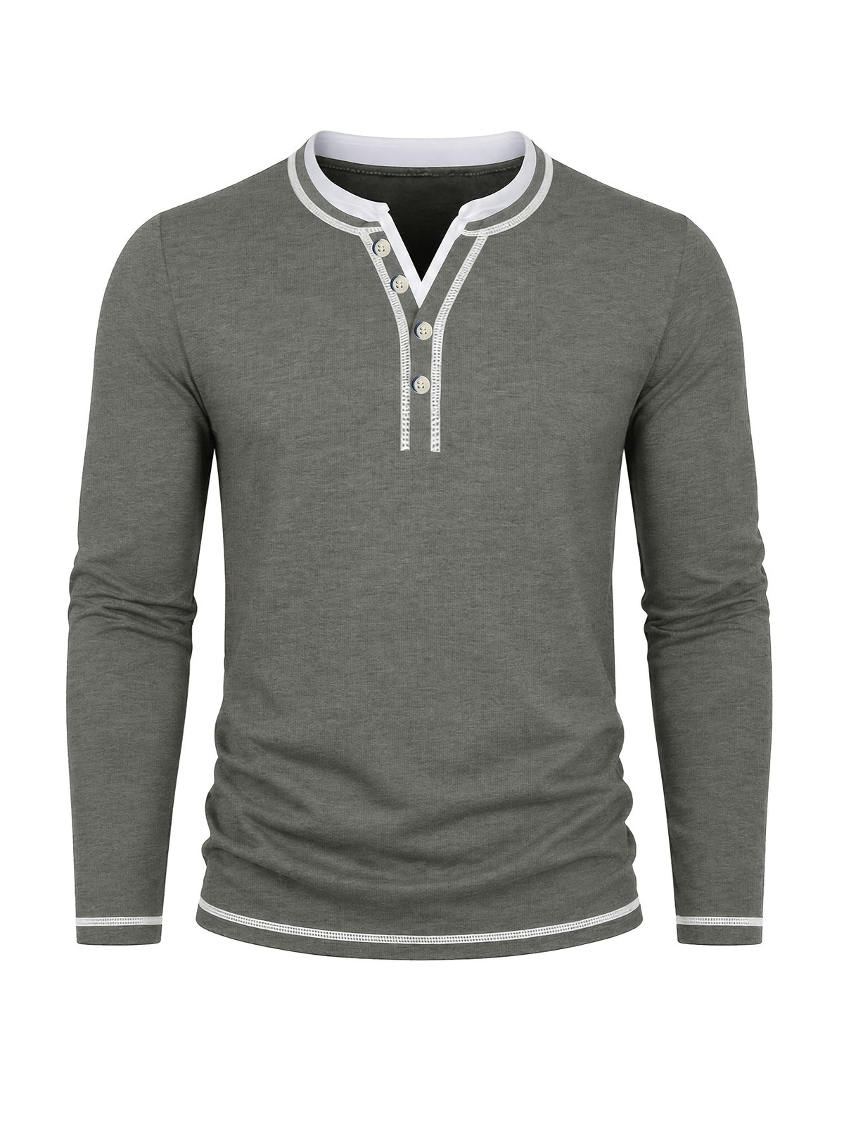 Cross-Border Men's Long Sleeve Crew Neck T-Shirt 2-in-1 Look Henley Shirt European and American Men's Pullover Top Base Layer Shirt - Dark Gray